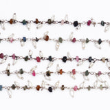 multi tourmaline natural semi-precious gemstone beads silver rosary chain for a necklace, earrings, anklet, and bracelet making.