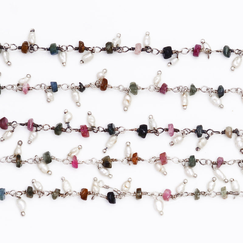 multi tourmaline natural semi-precious gemstone beads silver rosary chain for a necklace, earrings, anklet, and bracelet making.