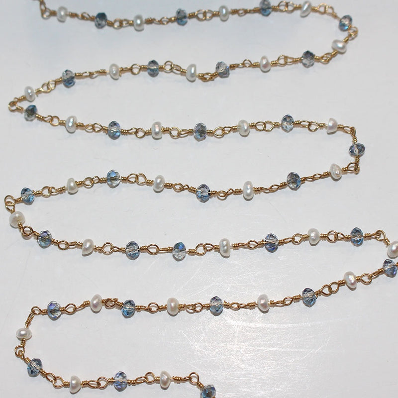 Mystic Coated Quartz and freshwater pearl gemstone faceted rondelle bead rosary chain 24k gold plated over silver, women jewelry making necklaces, earrings, anklets, and bracelets.