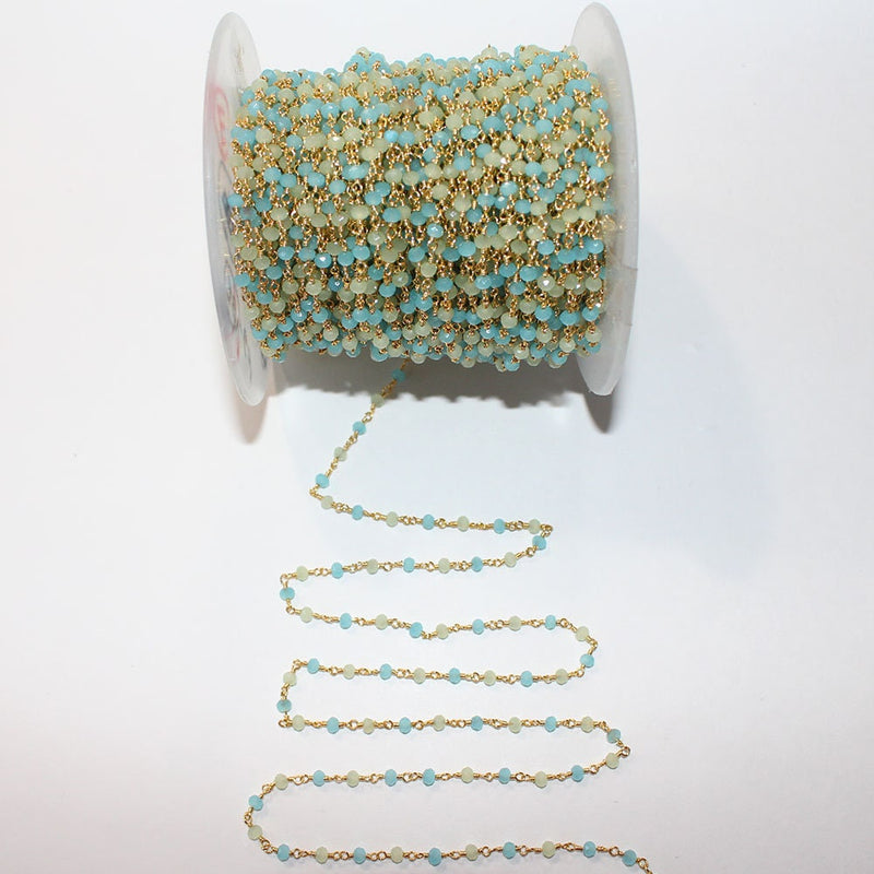 Peruvian Blue and Green Chalcedony faceted rondelle bead rosary chain women jewelry making necklaces, earrings, anklets, and bracelets.