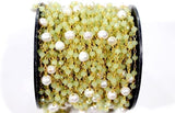 Green Chalcedony and freshwater pearl gemstone faceted rondelle bead 6mm rosary chain 24k gold plated over silver, women jewelry making necklaces, earrings, anklets, and bracelets.