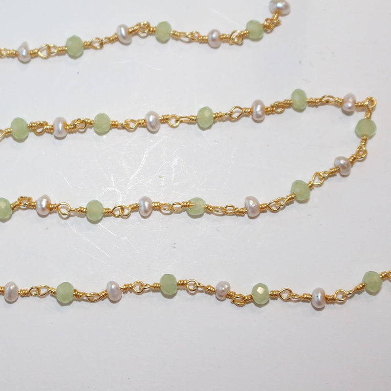Green Chalcedony and freshwater pearl gemstone faceted rondelle bead 3mm rosary chain 24k gold plated over silver, women jewelry making necklaces, earrings, anklets, and bracelets.