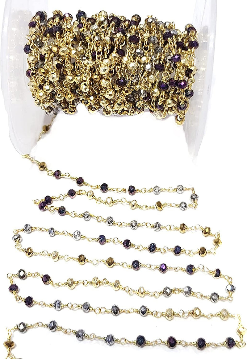 Multi Color Pyrite gemstone faceted rondelle bead 3mm rosary chain women jewelry making necklaces, earrings, anklets, and bracelets.