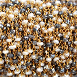 Pyrite and freshwater pearl gemstone faceted rondelle bead 3mm rosary chain 24k gold plated over silver, women jewelry making necklaces, earrings, anklets, and bracelets.