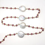 Rhodolite Garnet and freshwater pearl gemstone faceted rondelle bead 3mm rosary chain 24k gold plated over silver, women jewelry making necklaces, earrings, anklets, and bracelets.
