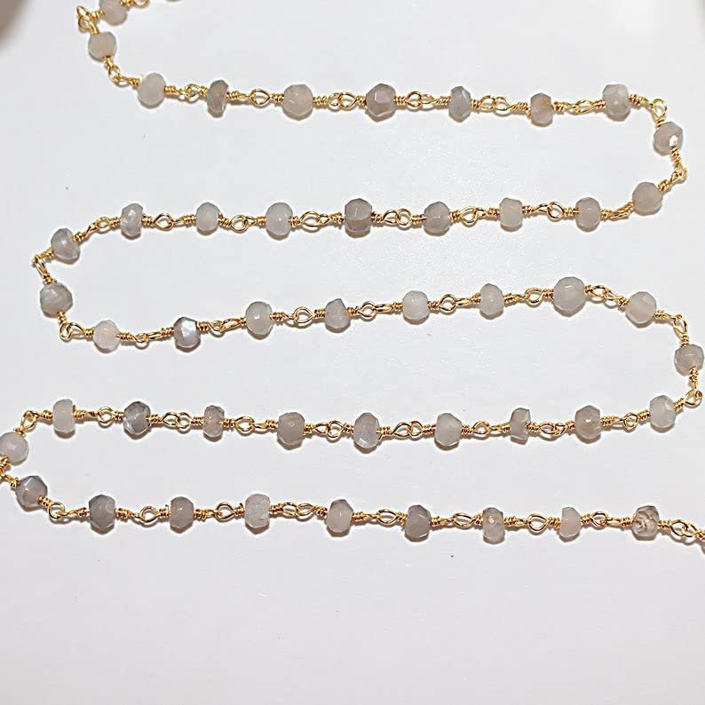 gray moonstone semi-precious gemstone beads black oxidized antique rosary chain for a necklace, earrings, anklet, and bracelet making.