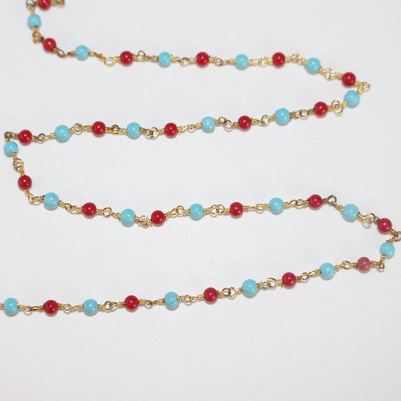 Red Coral Quartz and Turquoise gemstone smooth rondelle bead 3mm rosary chain 24k gold plated over silver, women jewelry making necklaces, earrings, anklets, and bracelets.