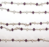 Amethyst and freshwater pearl gemstone faceted rondelle bead 3mm rosary coin chain silver, women jewelry making necklaces, earrings, anklets, and bracelets.