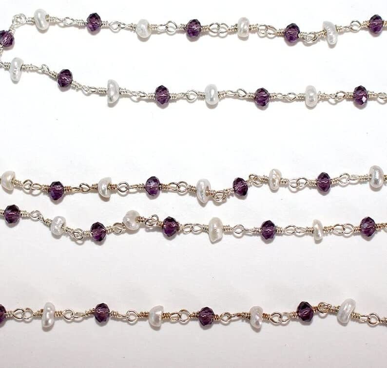 Amethyst and freshwater pearl gemstone faceted rondelle bead 3mm rosary coin chain silver, women jewelry making necklaces, earrings, anklets, and bracelets.