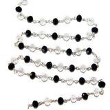Black Spinel and Clear Quartz gemstone faceted rondelle bead rosary chain silver over silver, women jewelry making necklaces, earrings, anklets, and bracelets.