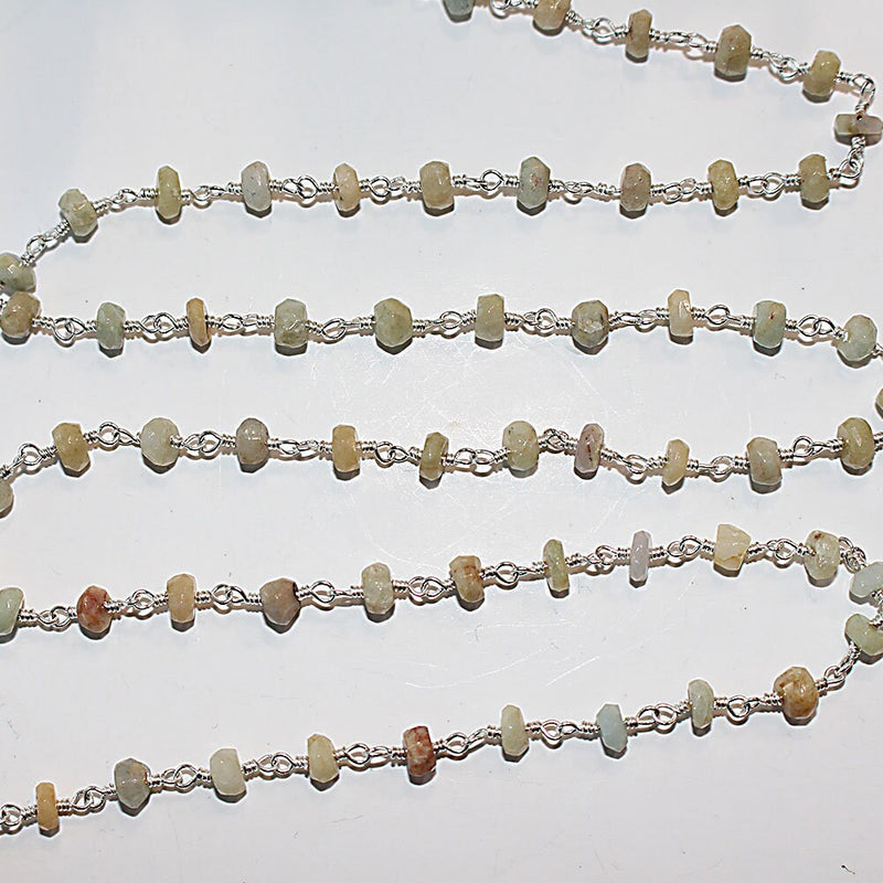 aquamarine ab coated natural semi-precious gemstone beads silver rosary chain for a necklace, earrings, anklet, and bracelet making.