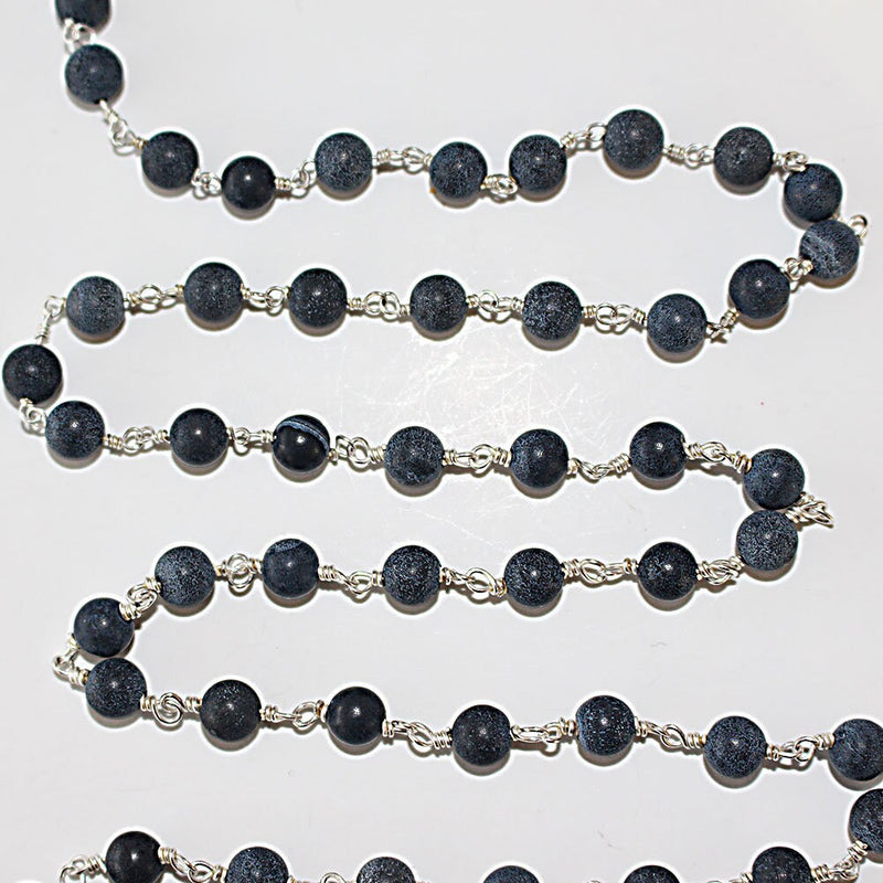 black matte natural semi-precious gemstone beads silver rosary chain for a necklace, earrings, anklet, and bracelet making.