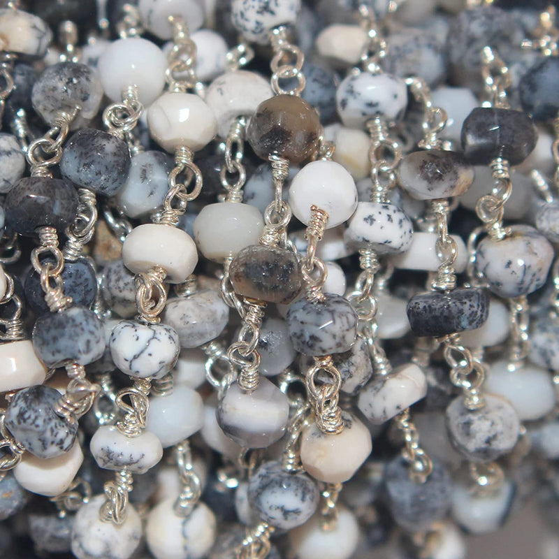 dendritic opal natural semi-precious gemstone beads silver rosary chain for a necklace, earrings, anklet, and bracelet making.