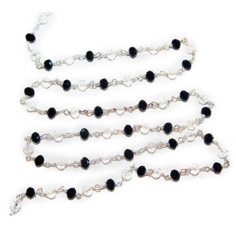 Black Spinel and Clear Quartz gemstone faceted rondelle bead rosary chain silver, women jewelry making necklaces, earrings, anklets, and bracelets.