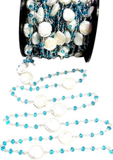 Blue Topaz and freshwater pearl gemstone faceted rondelle bead 3mm rosary chain silver, women jewelry making necklaces, earrings, anklets, and bracelets.