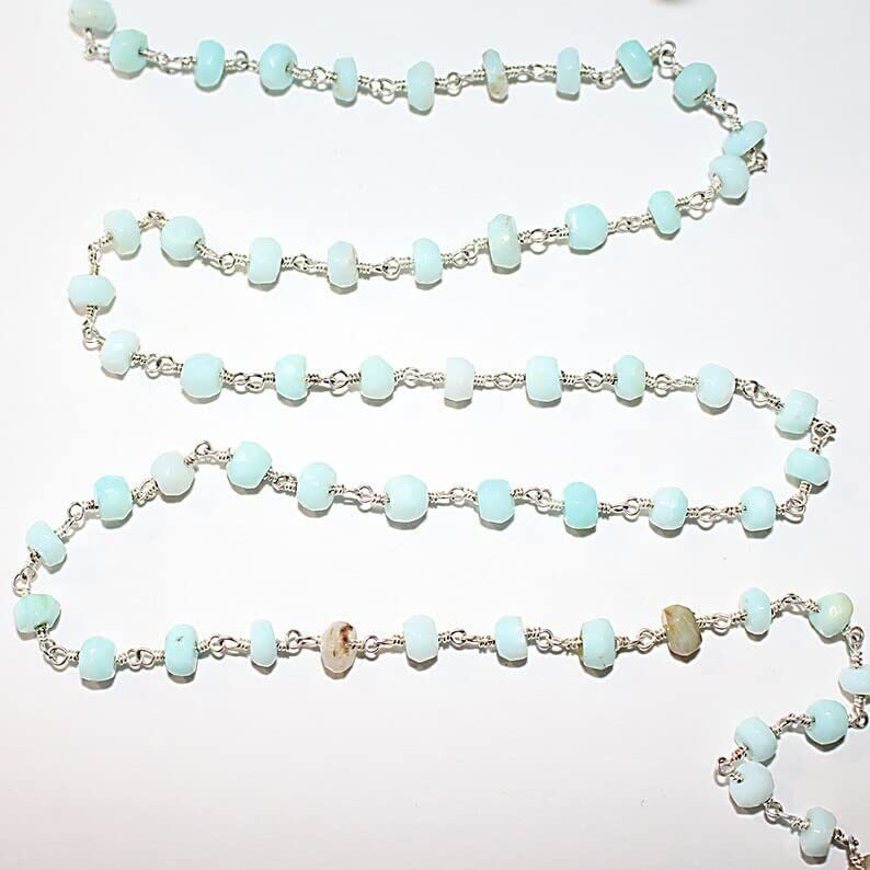 peruvian opal blue natural semi-precious gemstone beads silver rosary chain for a necklace, earrings, anklet, and bracelet making.