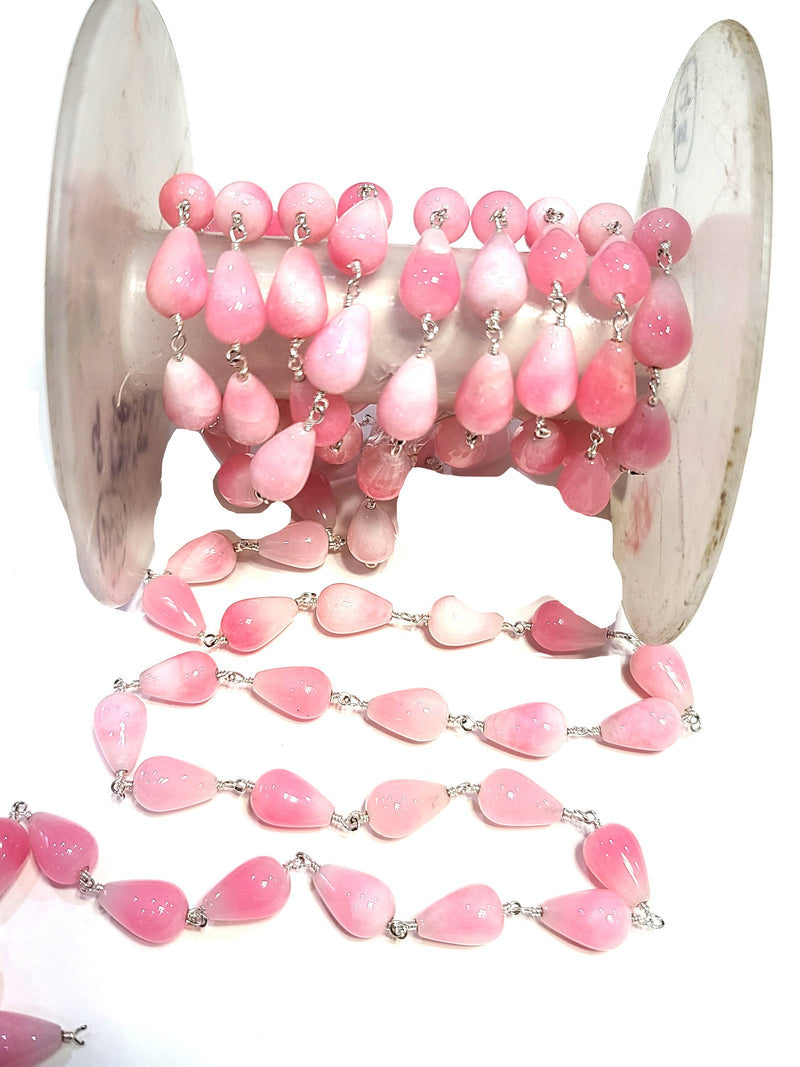pink opal teardrop natural semi-precious gemstone beads silver rosary chain for a necklace, earrings, anklet, and bracelet making.