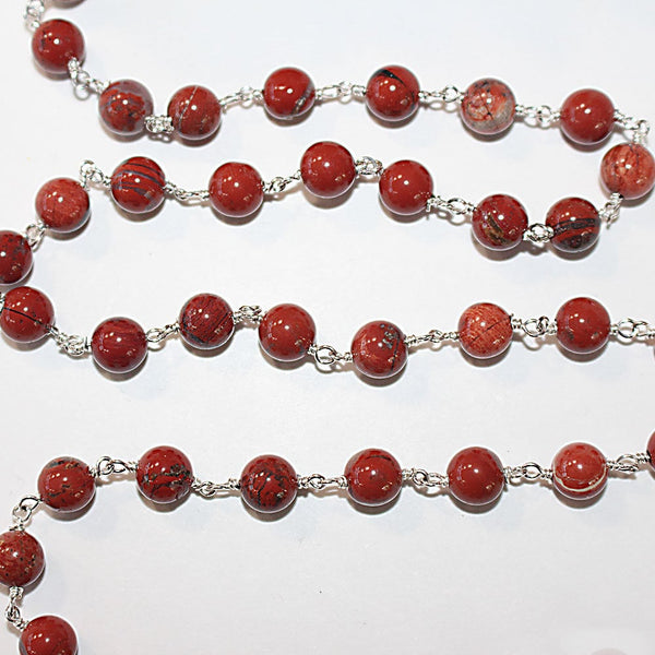 red jasper natural semi-precious gemstone beads silver rosary chain for a necklace, earrings, anklet, and bracelet making.