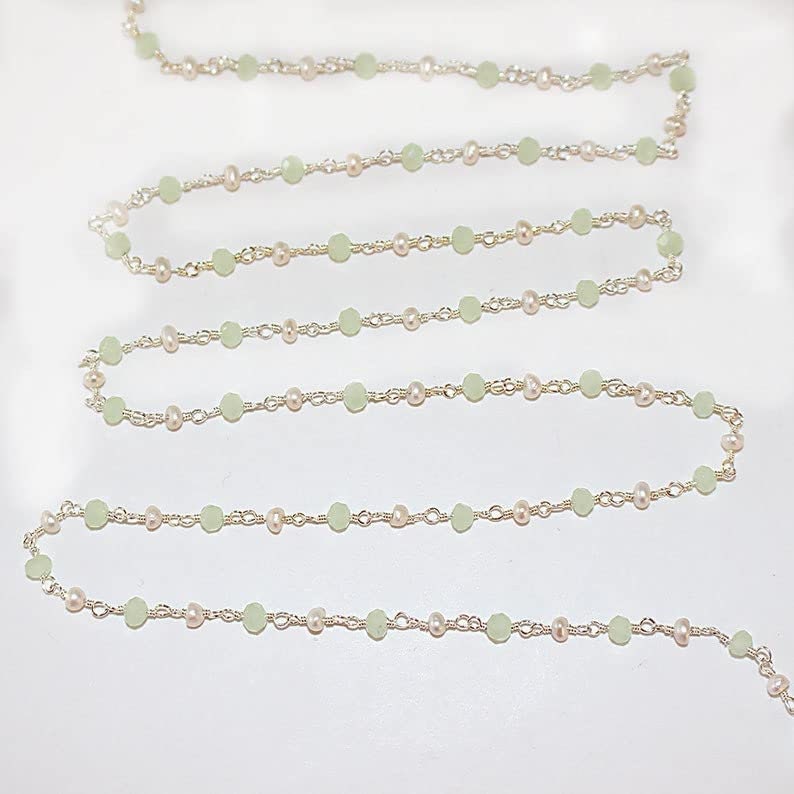 Green Chalcedony and freshwater pearl gemstone faceted rondelle bead 3mm rosary chain silver, women jewelry making necklaces, earrings, anklets, and bracelets.