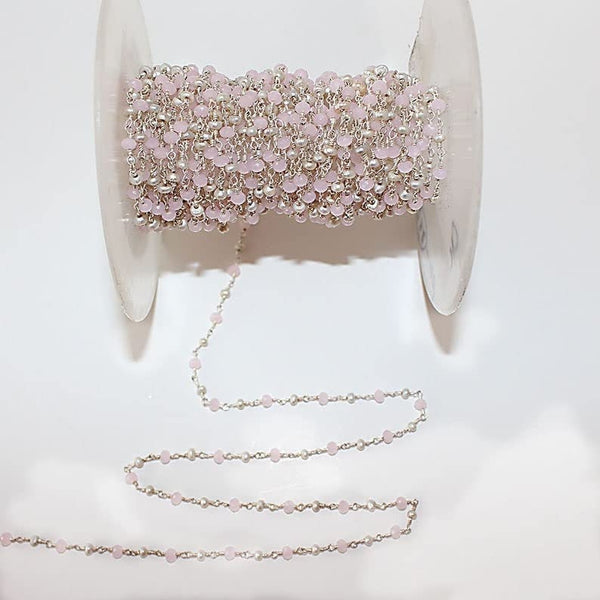 Pink Chalcedony and freshwater pearl gemstone faceted rondelle bead rosary chain silver, women jewelry making necklaces, earrings, anklets, and bracelets.