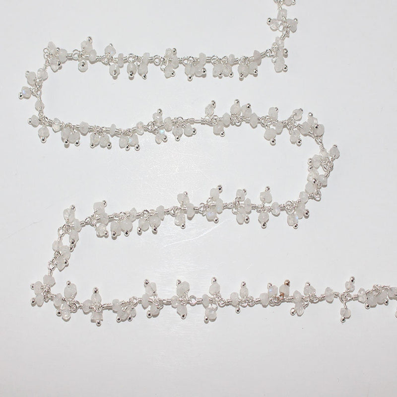 rainbow moonstone natural semi-precious gemstone beads silver rosary chain for a necklace, earrings, anklet, and bracelet making.