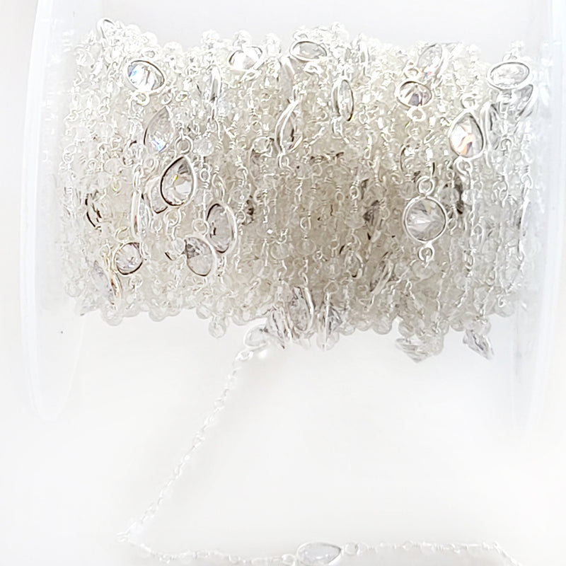 clear quartz bezel bazari natural semi-precious gemstone beads silver rosary chain for a necklace, earrings, anklet, and bracelet making.