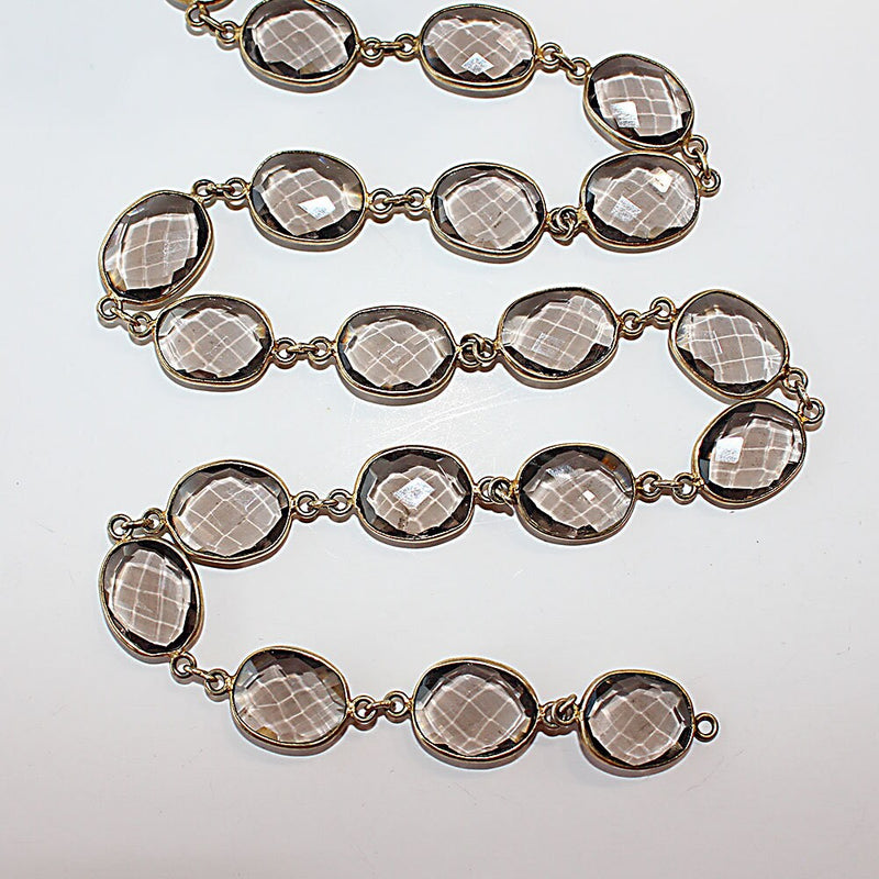 smoky bezel semi-precious gemstone beads 24k gold plated over silver rosary chain for a necklace, earrings, anklet, and bracelet making.