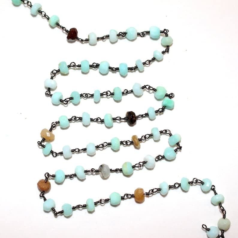 peruvian opal semi-precious gemstone beads black oxidized antique rosary chain for a necklace, earrings, anklet, and bracelet making.