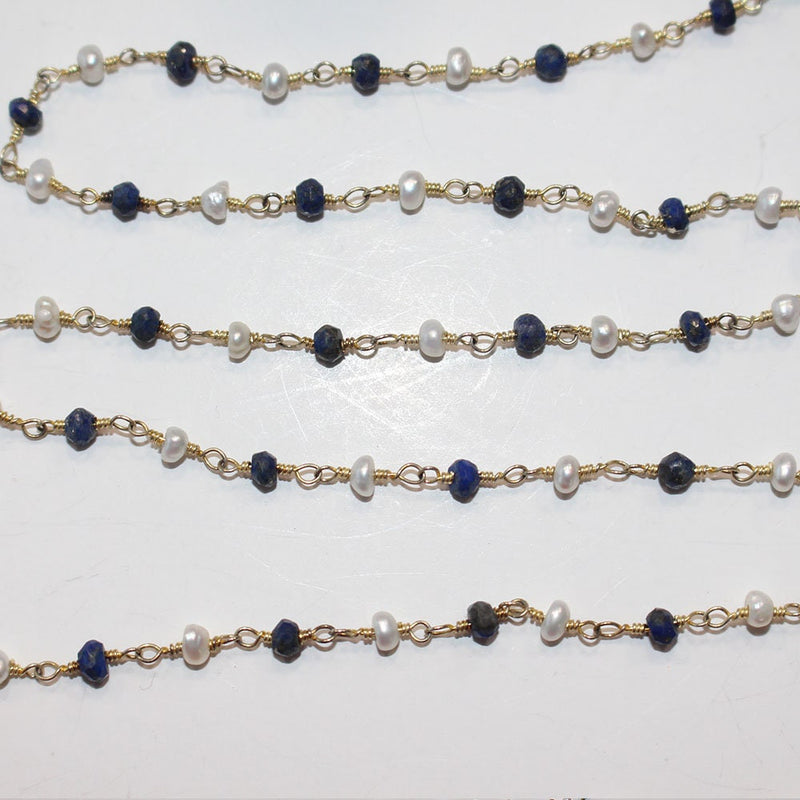 lapis lazuli semi-precious gemstone beads 24k gold plated over silver rosary chain for a necklace, earrings, anklet, and bracelet making.