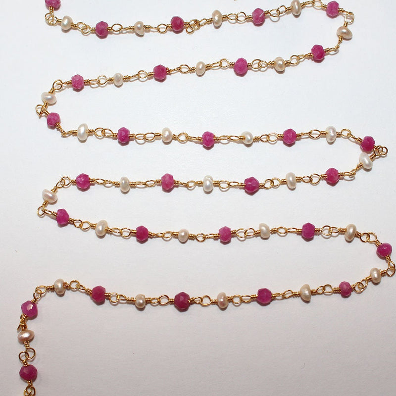 ruby & freshwater pearl semi-precious gemstone beads 24k gold plated over silver rosary chain for a necklace, earrings, anklet, and bracelet making.