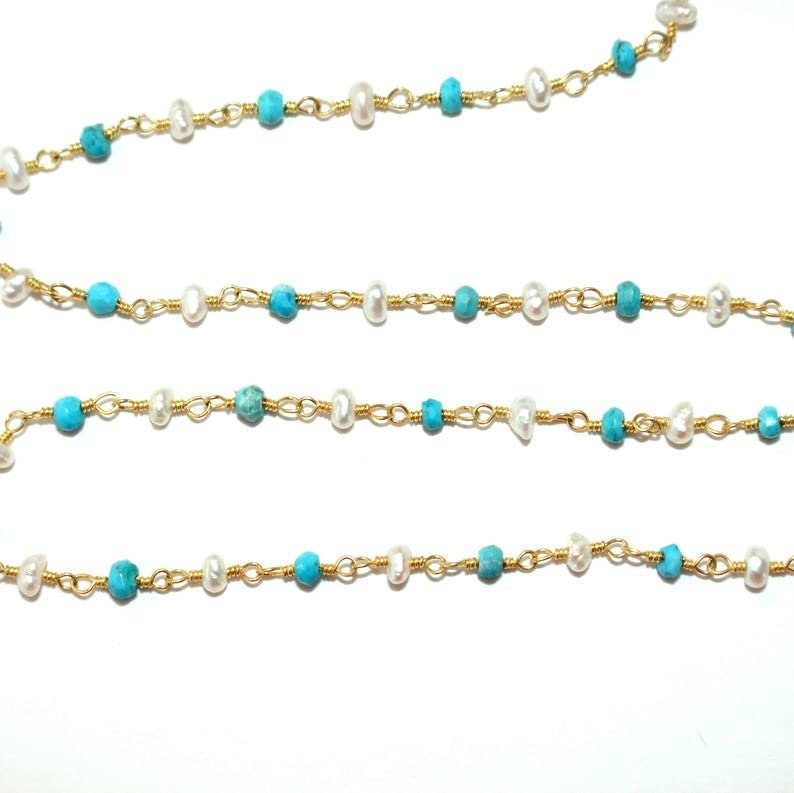 turquoise & freshwater pearl semi-precious gemstone beads 24k gold plated over silver rosary chain for a necklace, earrings, anklet, and bracelet making.