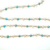 turquoise & freshwater pearl semi-precious gemstone beads 24k gold plated over silver rosary chain for a necklace, earrings, anklet, and bracelet making.