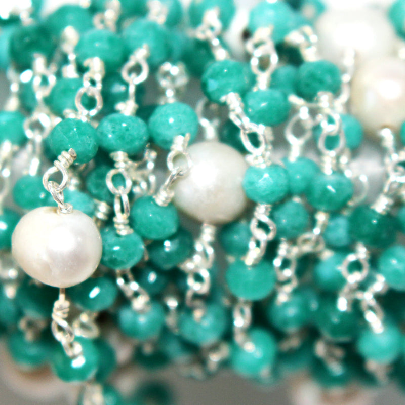 emerald jade & Freshwater Pearl semi-precious gemstone beads 24k gold plated over silver rosary chain for a necklace, earrings, anklet, and bracelet making.
