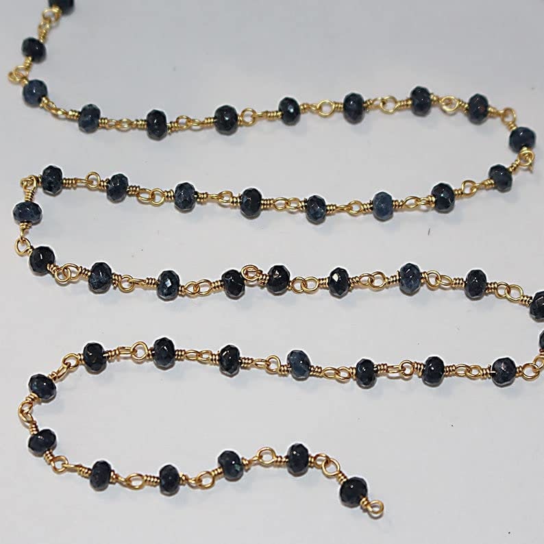 blue sapphire semi-precious gemstone beads 24k gold plated over silver rosary chain for a necklace, earrings, anklet, and bracelet making.