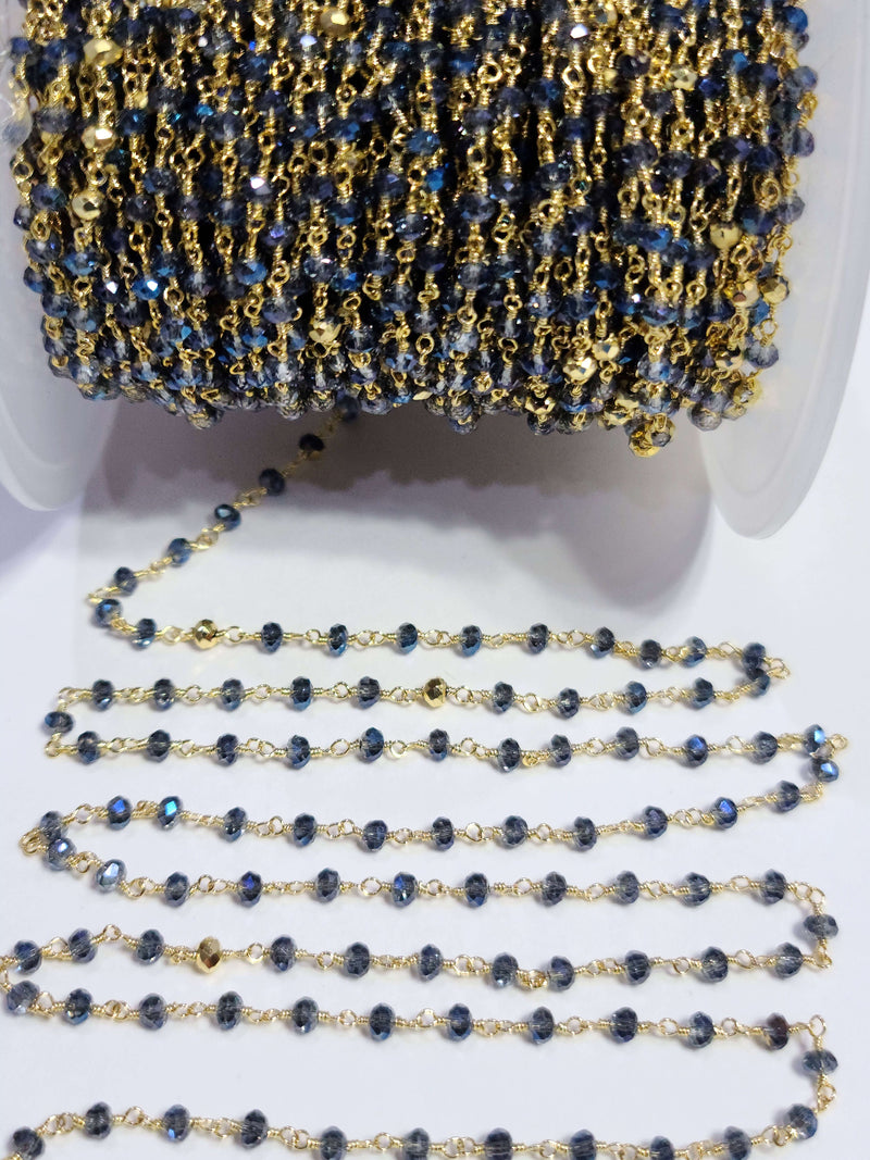 dark mystic coated semi-precious gemstone beads 24k gold plated over silver rosary chain for a necklace, earrings, anklet, and bracelet making.