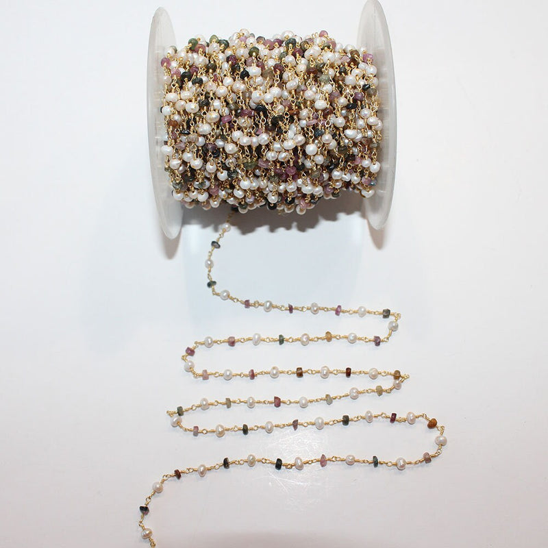 multi tourmaline semi-precious gemstone beads 24k gold plated over silver rosary chain for a necklace, earrings, anklet, and bracelet making.