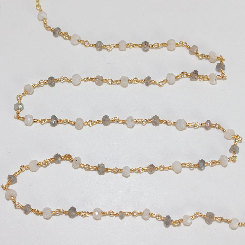 rainbow moonstone & freshwater pearl semi-precious gemstone beads 24k gold plated over silver rosary chain for a necklace, earrings, anklet, and bracelet making.