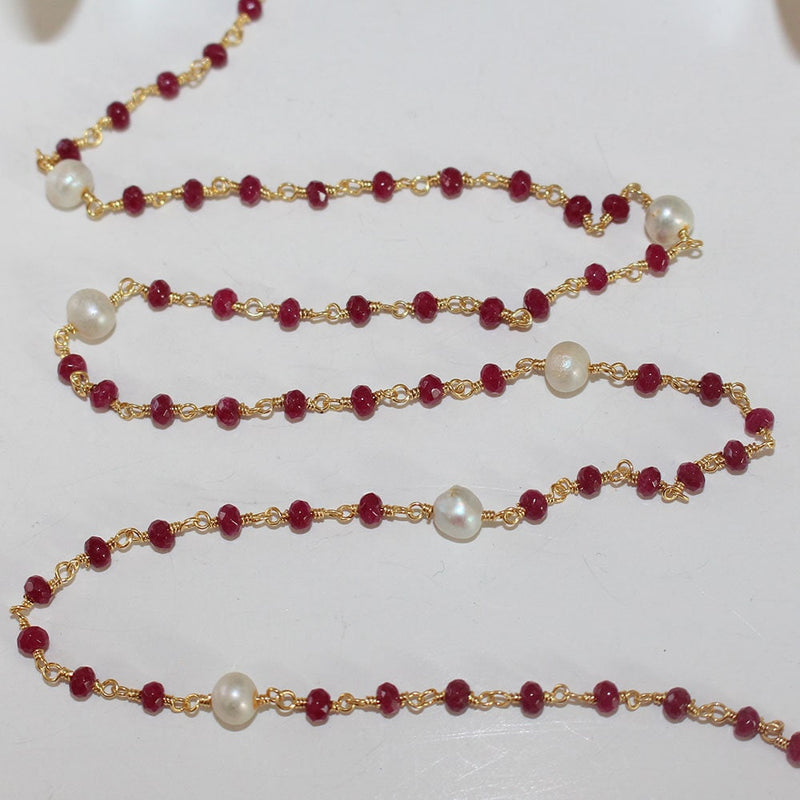 ruby jade & freshwater pearl semi-precious gemstone beads 24k gold plated over silver rosary chain for a necklace, earrings, anklet, and bracelet making.