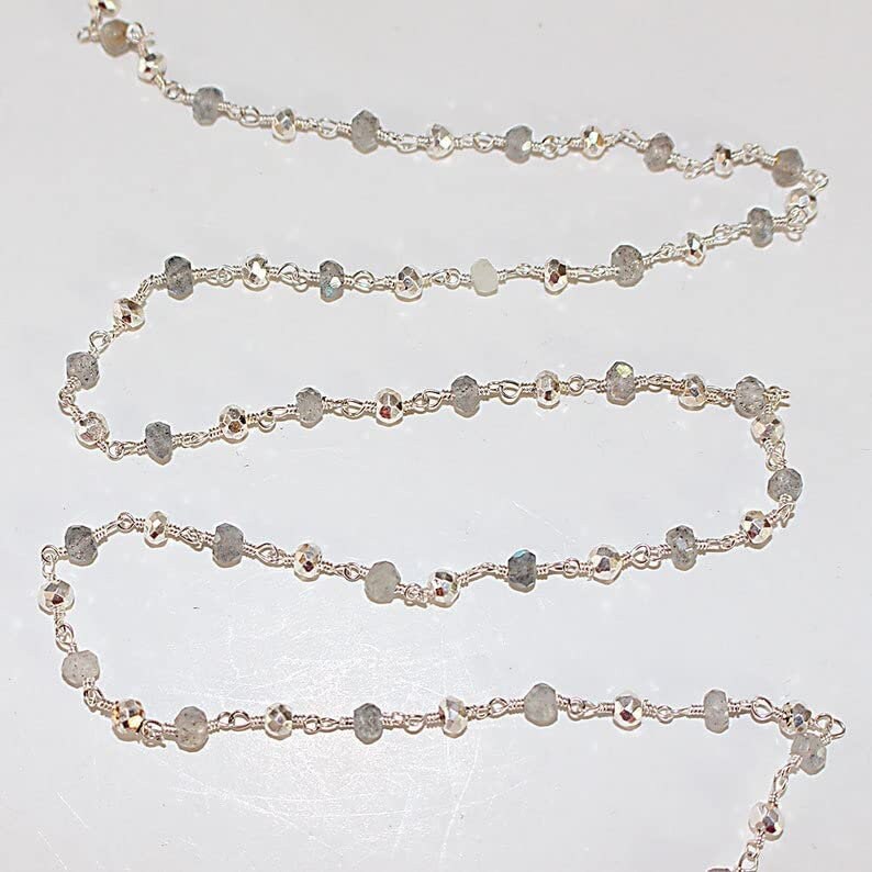 labradorite & pyrite semi-precious gemstone beads 24k gold plated over silver rosary chain for a necklace, earrings, anklet, and bracelet making.