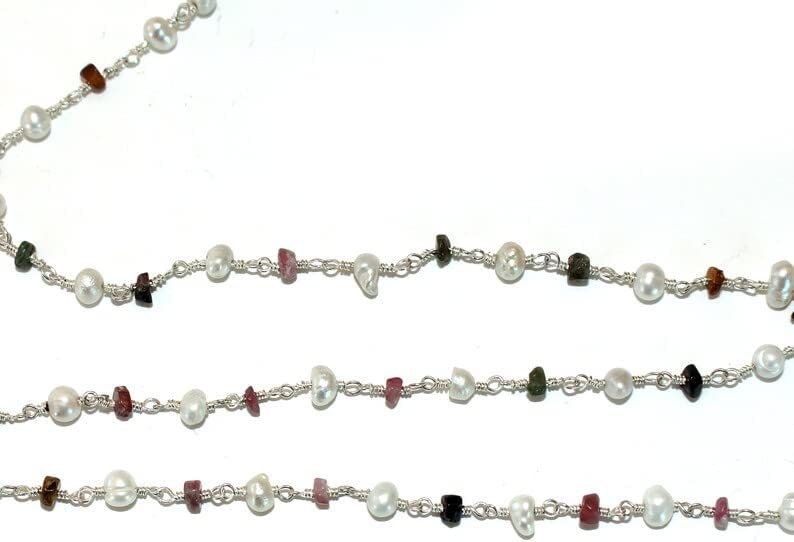multi tourmaline & freshwater pearl semi-precious gemstone beads 24k gold plated over silver rosary chain for a necklace, earrings, anklet, and bracelet making.