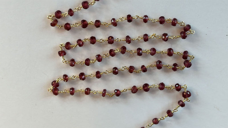 Handmade Rhodolite Garnet Rosary Chain, 24K Gold Plated, Jewelry Making