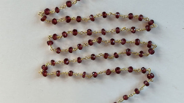Handmade Rhodolite Garnet Rosary Chain, 24K Gold Plated, Jewelry Making