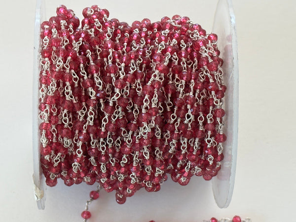 Ruby Quartz 3mm Beaded Rosary Chain, Silver Plated Jewelry Making