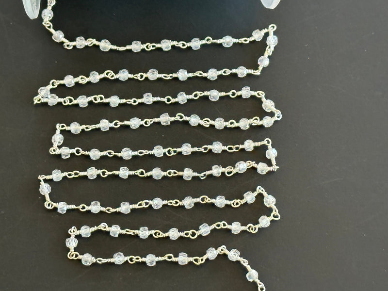 Zircon Clear Quartz Rosary Chain - Silver Plated 3mm Beaded Jewelry Making