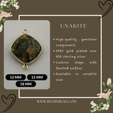 Unakite Jasper Cushion/Diamond Pendant - Boho Chic Gemstone Necklace with 24kt Gold Elegance