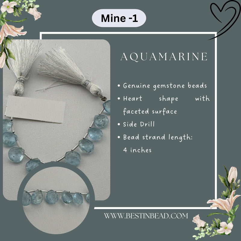 Aquamarine Natural Heart Bead Strand