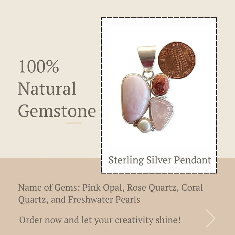 Pink opal, rose quartz, coral quartz, and freshwater pearl sterling silver pendant.