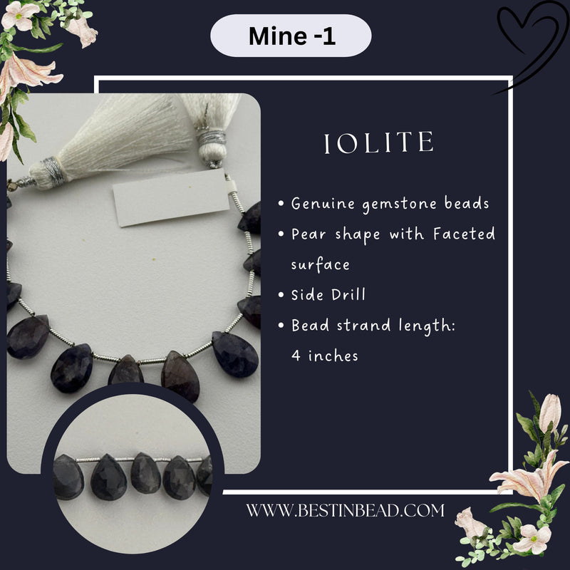 Iolite Faceted Pear 4 inch Bead Strand 5.5X9-7.5X11mm & 46 Cts Natural Semi Precious Gemstone Birthstone Women Jewelry Making Necklace DIY
