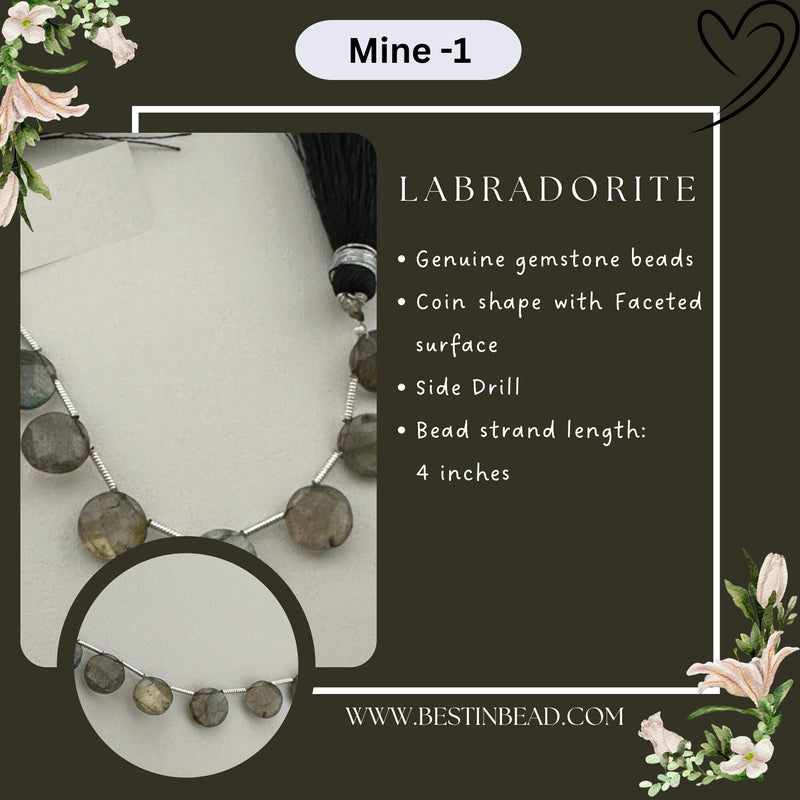 Labradorite Faceted Coin 4 inch Bead Strand 8X8.5mm & 27 Cts Natural Semi Precious Gemstone Birthstone Women Jewelry Making Necklace Chakra