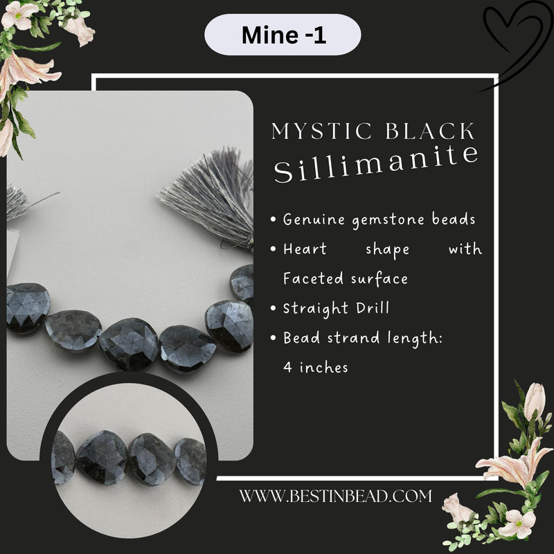 Mystic Black Sillimanite Heart Bead Strand